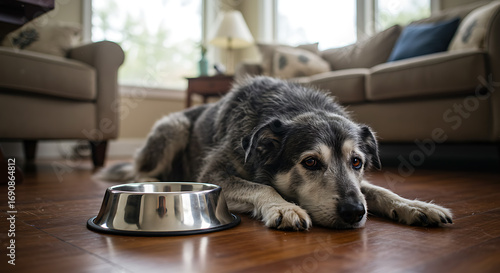 A senior dog with grey and black fur rests its head near an empty metal food bowl on a hardwood floor in a cozy living room.