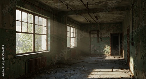 Eerie sunbeams pierce the dusty gloom of a long, deserted corridor in an abandoned and decaying building