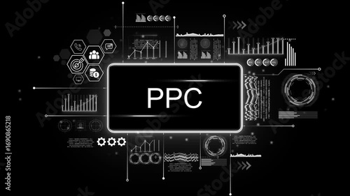 Digital P C advertising interface with data analytics charts and icons representing marketing strategy and business growth