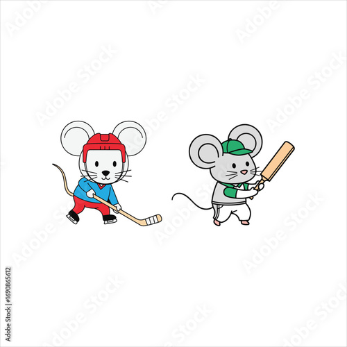 Set of Cute Cartoon Mice Playing Cricket and Ice Hockey Vector Illustration

