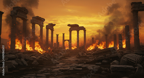 The fiery ruins of an ancient civilization engulfed in flames and smoke