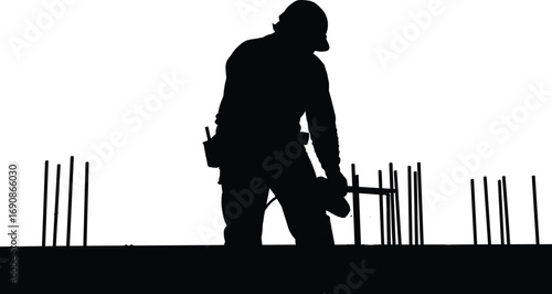 Silhouette construction worker with tool standing on concrete structure, man working with reinforcement bars at building site, black worker silhouette vector construction illustration