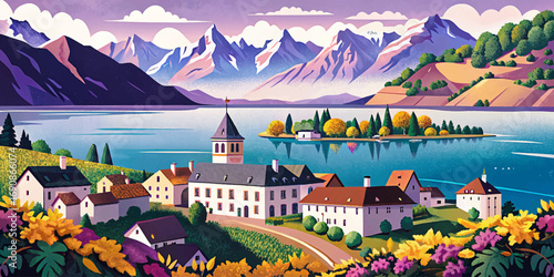 Lake Geneva between Switzerland and France, surrounded by Alps, vineyards, cultural landmarks, famous European travel destination