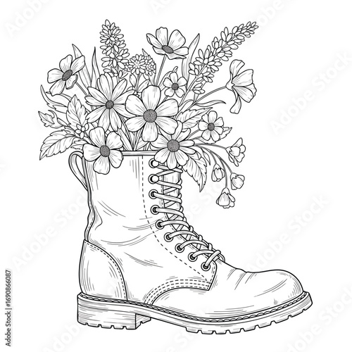 Handdrawn combat boot overflowing with a lush bouquet of wildflowers and daisies.