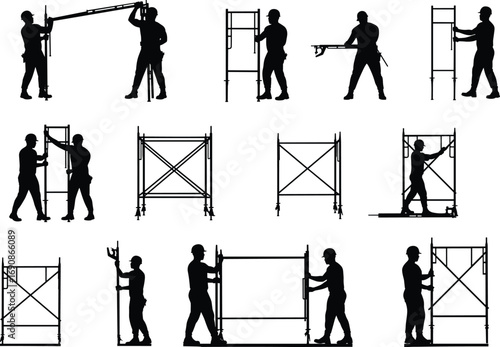 Silhouette construction workers assembling scaffolding, teamwork of labor men installing scaffold structure at building site, vector illustration of construction process and work safety