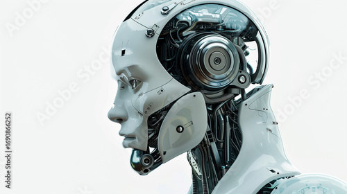 futuristic AI robot, delicately designed with a human-like face, captured in a perfect side profile view while deep in thought. 