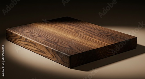 A high-quality rectangular dark wood cutting board or display podium, elegantly lit to showcase its rich grain and texture on a dark background