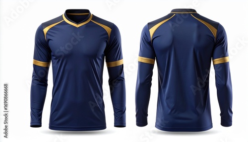 Front and Back View of a Modern Long-Sleeve Navy and Gold Soccer Jersey, High-Quality Rendering of a Navy Blue Soccer Shirt with Long Sleeves and Gold Accents