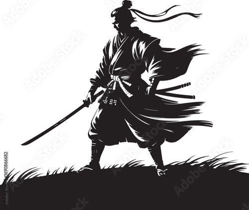 Dynamic Silhouette of a Japanese Samurai Warrior with Katana on a Hill vector illustration