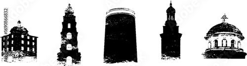 Grunge black and white silhouette of ornate architectural structures for urban design and posters