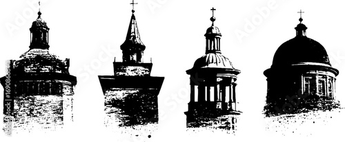 Grunge black and white ornate architecture silhouette set for creative design projects