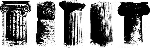 Ornate ancient columns set in grunge black and white design for posters and art prints