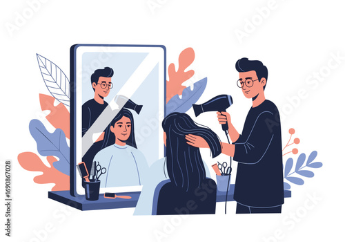 Hairdresser drying hair with a hairdryer and client sitting in front of mirror in a salon