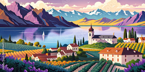 Lake Geneva between Switzerland and France, surrounded by Alps, vineyards, cultural landmarks, famous European travel destination