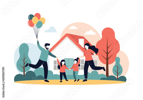 Happy family with children celebrating outdoors near a cozy home enjoying a beautiful autumn day