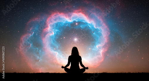 Woman meditating in lotus position beneath a colorful cosmic nebula background