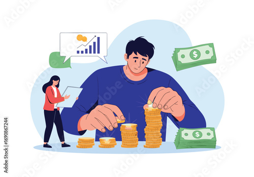 Man stacking coins representing financial growth and investment success