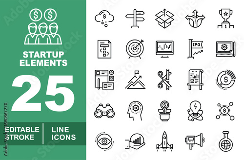 Startup Elements line icon set. Editable stroke icons for Startup. Containing Team, Cloud, Signpost, Box, Trophy, Target, Monitor, IPO, Growth, Rocket, and more.