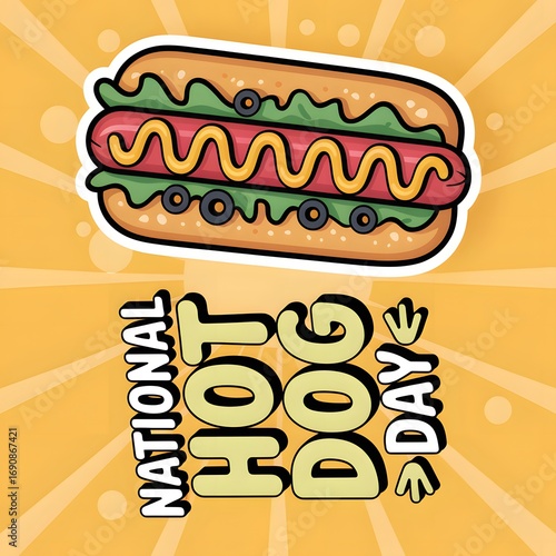 A playful and vibrant cartoon-style illustration for National Hot Dog Day, with a hot dog and bold, fun typography.