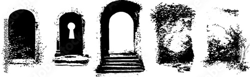 Ornate grunge black and white archway illustrations for design projects