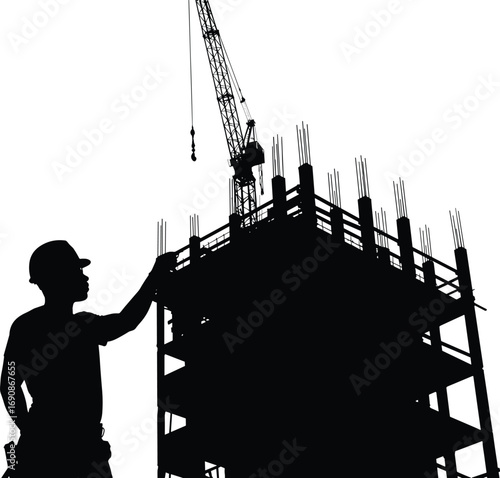 Silhouette construction worker with crane and building structure, man supervising high rise construction site with steel reinforcement bars illustration
