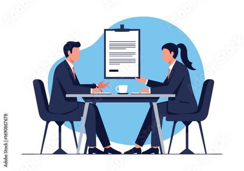 Two professionals discussing business documents at a meeting table