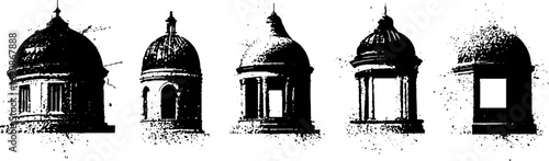 Grunge black and white ornate dome silhouettes for urban design and decoration