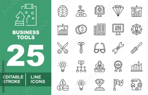 Business Tools line icon set. Editable stroke icons for Business Tools. Containing Chess, Brain, Plant, Monitor, Diamond, Chart, Coins, Building, Settings, Manager, Scissors, Tie, Glasses, Wrench