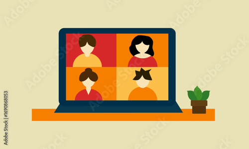 Illustration of a diverse group of friends or colleagues in a video conference on laptop computer screen