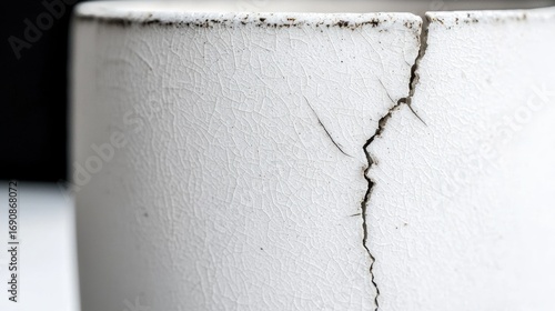 A crack in a white ceramic mug.