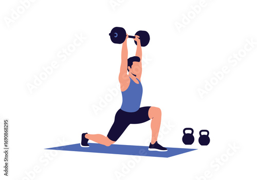 Man performing dumbbell shoulder press with lunge exercise training his muscles