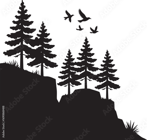 Silhouette of pine trees on a rocky hillside with birds in flight Keywords: nature, landscape