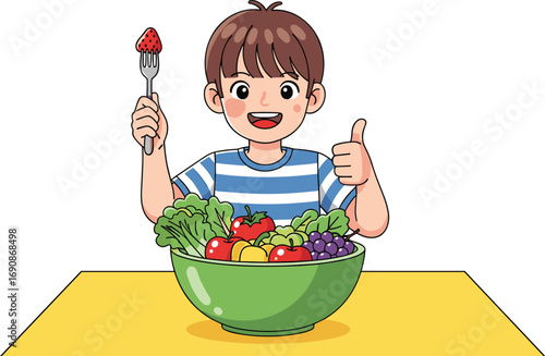 Child eating fruits and vegetables, healthy food, cartoon illustration, thumbs up, nutritious meal, smiling kid, green bowl, white background