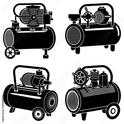 Illustration of four black and white air compressors with different designs and configurations