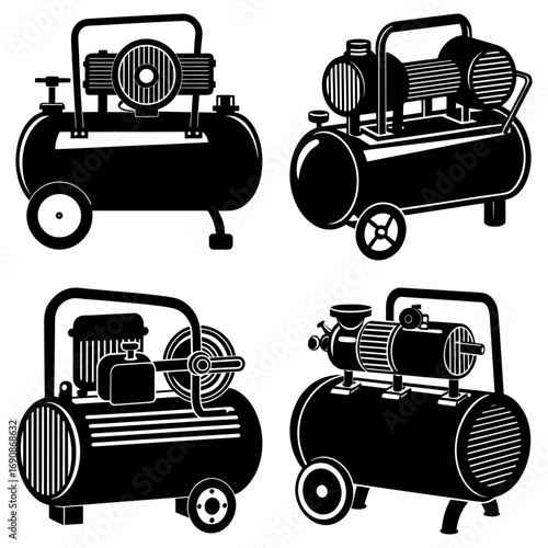 Four black and white illustrations of different air compressors with wheels and various components shown