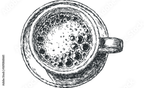 Ink sketch of a coffee cup with froth on a saucer. Vector hand drawn illustration