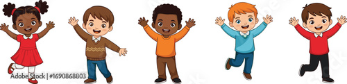 Diverse cartoon children standing together, happy kids illustration, childhood joy, inclusive group, school friends, playful pose, colorful outfits, smiling faces