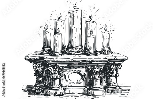 Engraving style illustration of lit pillar candles on ornate pedestal. Vector hand drawn illustration