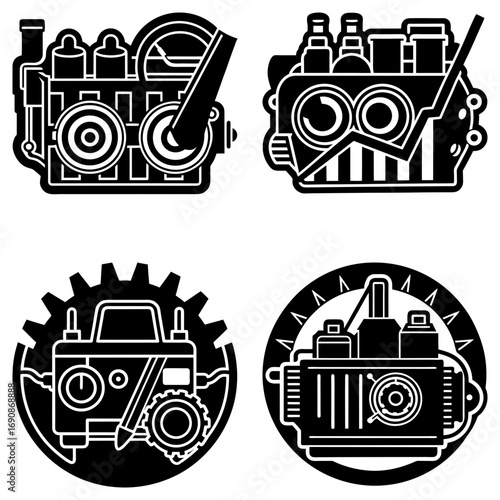 Four steampunk machine icons with gears and levers in black and white detailed vector illustration