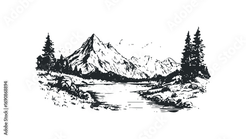 Pristine Mountain Landscape with Serene Lake and Pine Trees. Vector hand drawn illustration