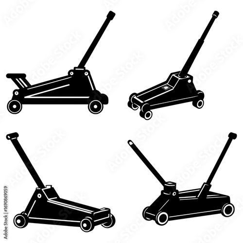 Four black and white illustrations of hydraulic floor jacks in different perspectives and orientations