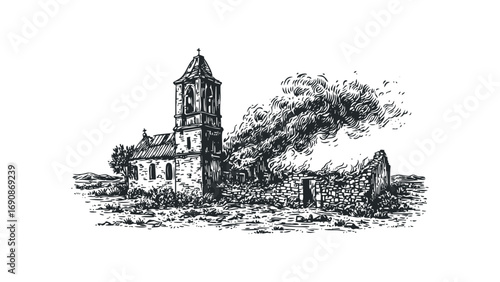 Vintage Line Drawing of a Church in Flames. Vector hand drawn illustration