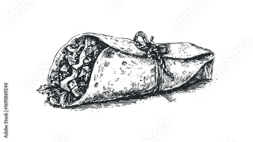 Hand Drawn Sketch of Savory Burrito Tied with String. Vector hand drawn illustration