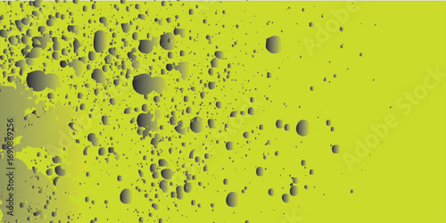 Vibrant lime green surface with scattered dark grey spheres resembling textured liquid drops.