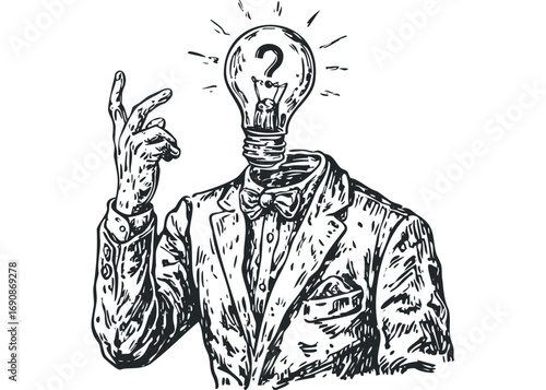 Man with light bulb head and question mark on transparent. Vector hand drawn illustration