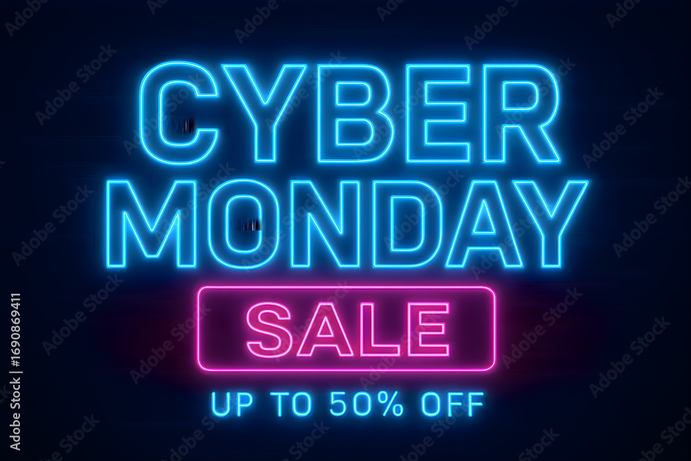 Fototapeta premium Cyber Monday sale illustration with up to fifty percent off promotional text symbolizing seasonal retail holiday discounts consumer commerce marketing shopping and festive design
