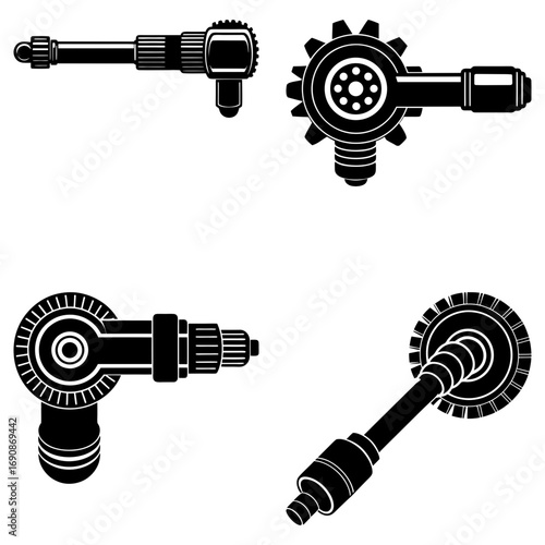 Illustration showing four different mechanical tools with gears and cylindrical components in black and white