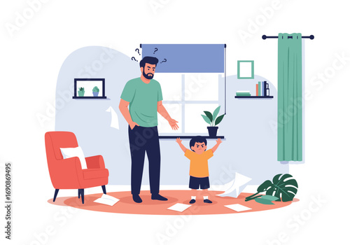 Frustrated father struggling to manage a hyperactive child in a messy living room environment