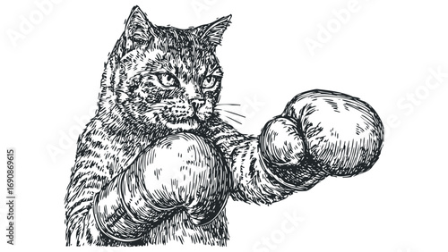 Line art sketch of a determined cat wearing boxing gloves file. Vector hand drawn illustration