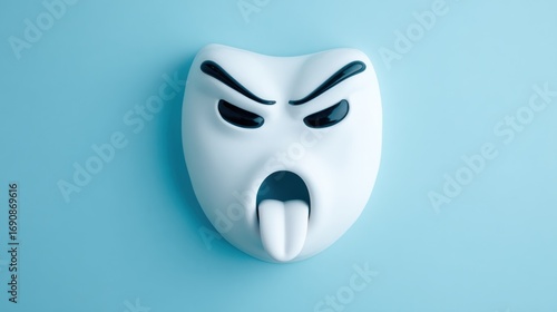 Angry white emoticon mask on light blue background